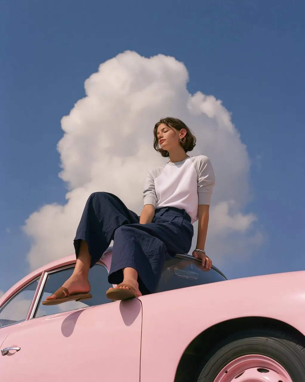 Ein verträumtes Editorial-Modefoto einer minimalistischen jungen Frau
