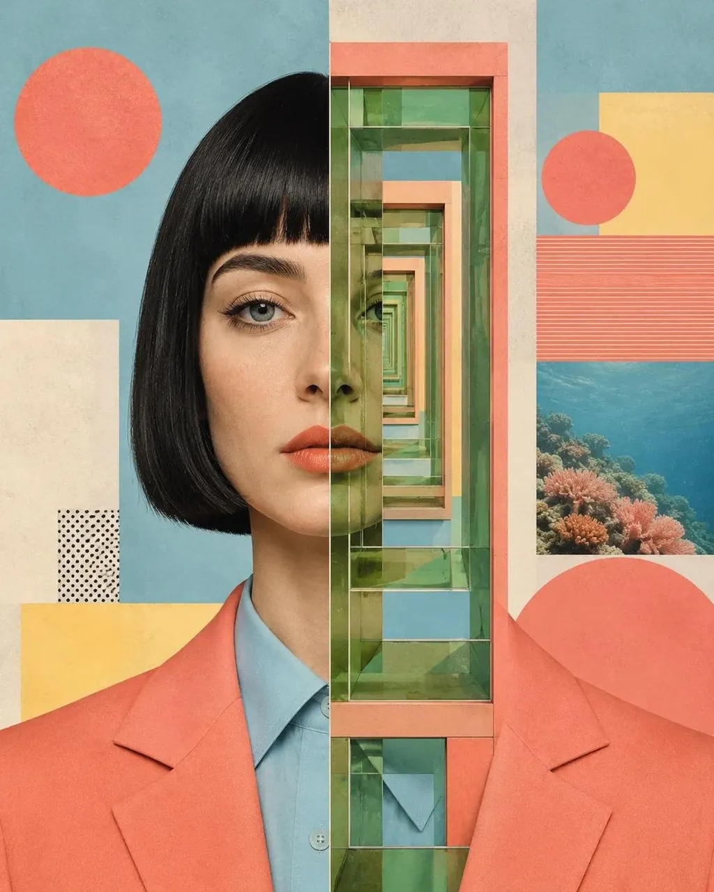 Create a contemporary editorial collage portrait that seamlessly
