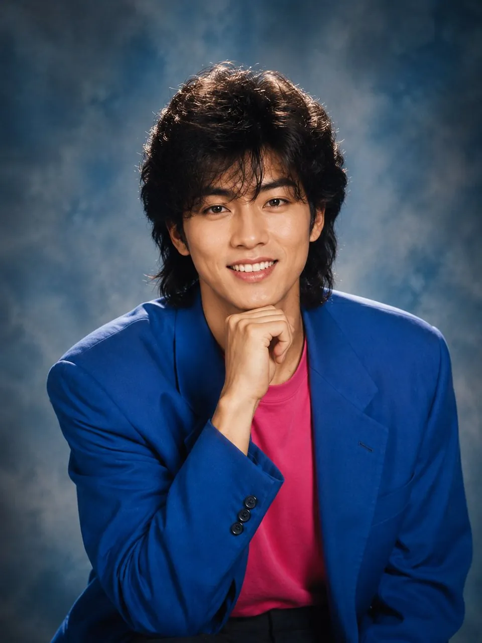 He is wearing an oversized royal blue blazer over a vibrant hot