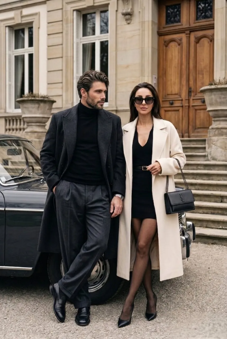 Elegant luxury couple standing beside a dark vintage car in front
