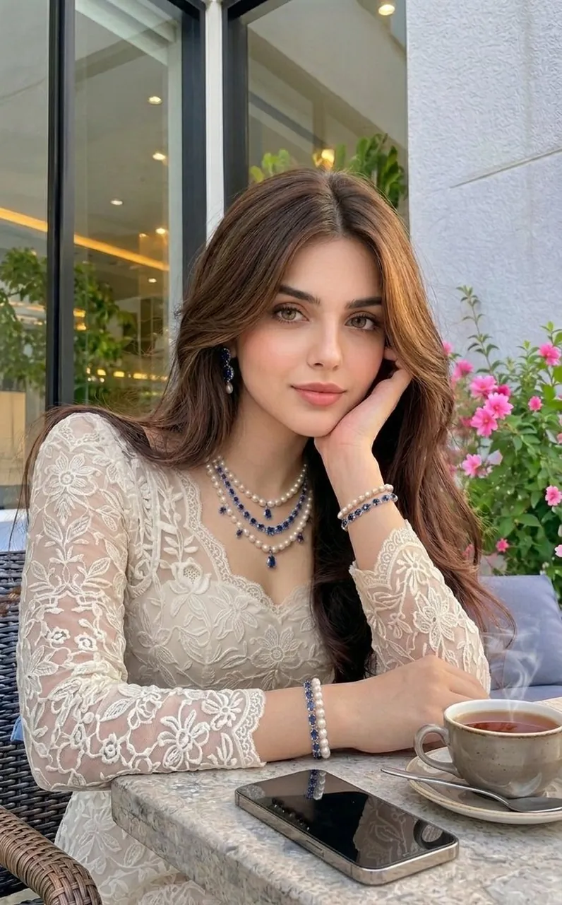 Elegant Lace Dress Cafe Portrait