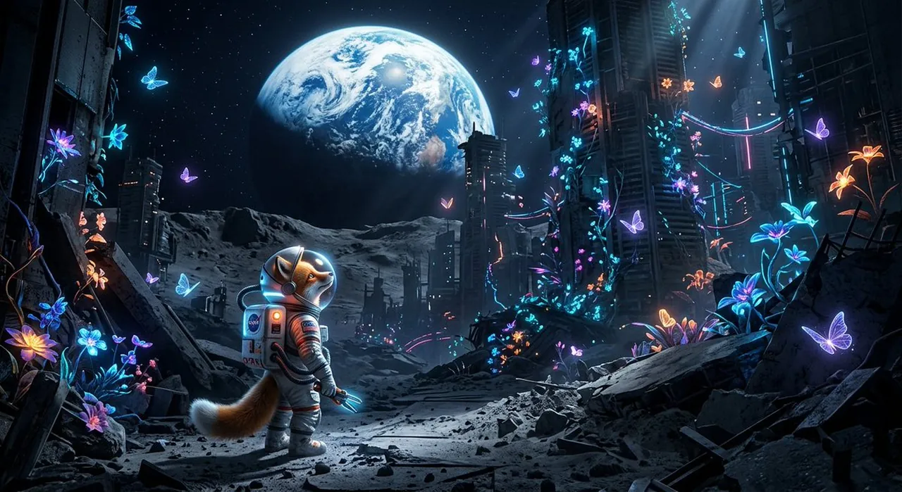 Tiny Astronaut Fox in Futuristic Moon City