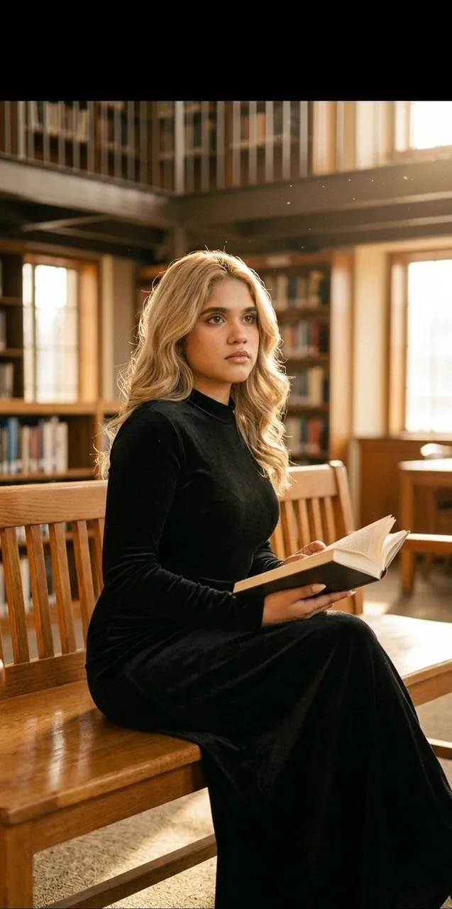 Lost in stories and golden hour rays in the library.