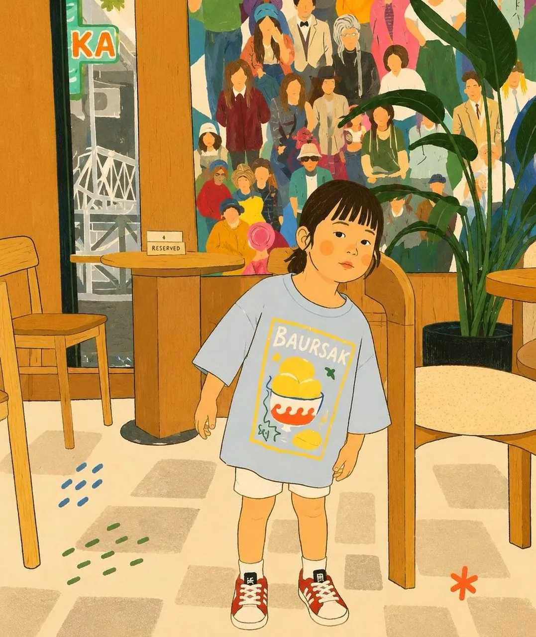 Cozy minimalist flat illustration in a warm Korean/Japanese