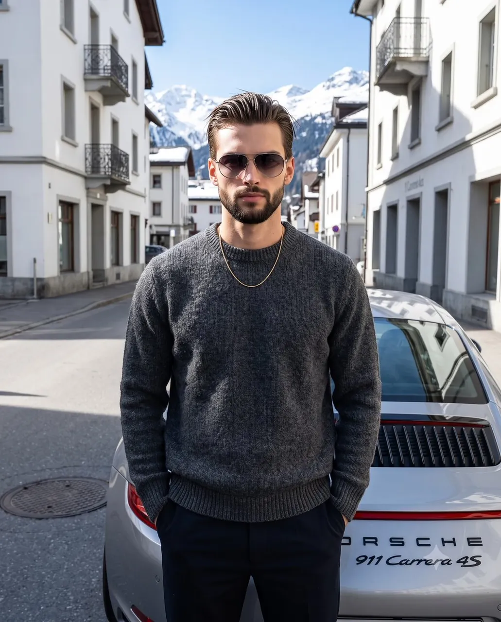 A confident male model stands centered facing the camera in a