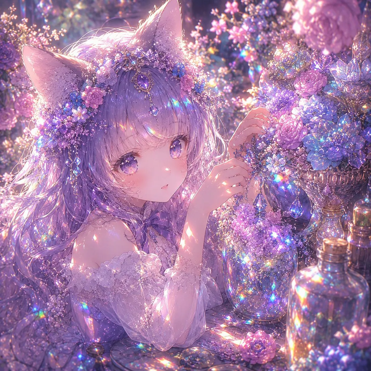 무지개 마법 고양이 귀 꽃 일러스트