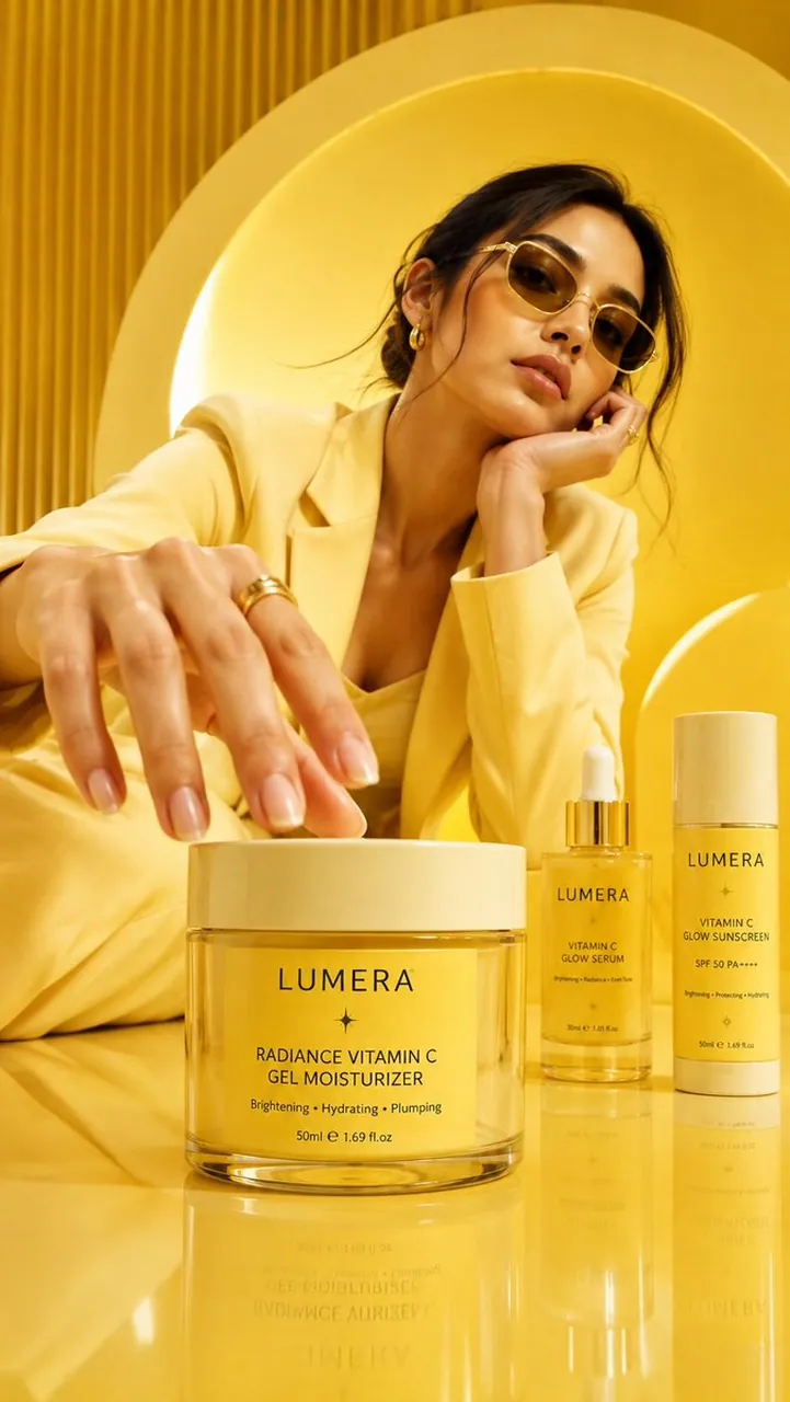 In the foreground, place a large premium skincare tube labeled