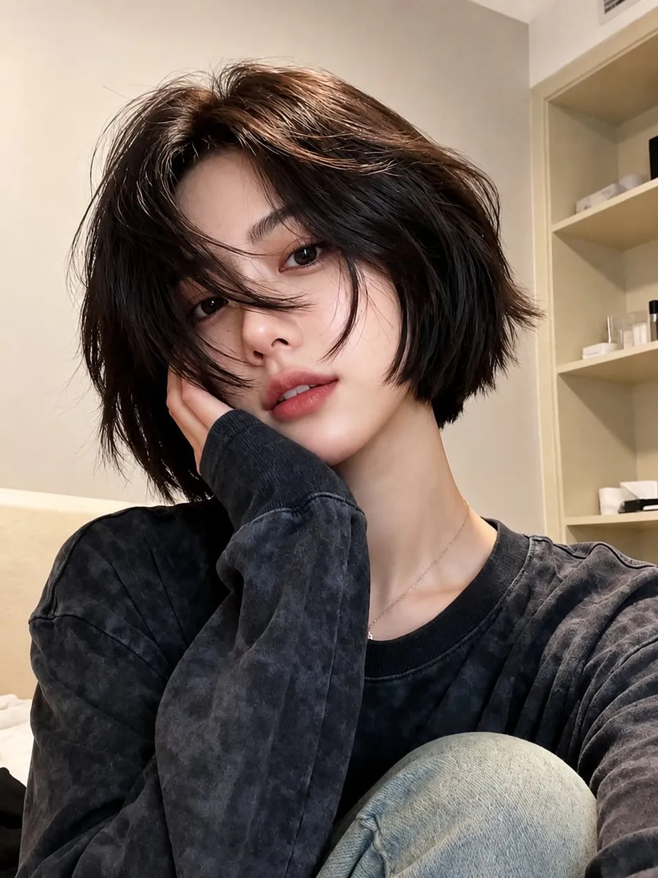 Ultra-photorealistic candid indoor selfie portrait of a beautiful