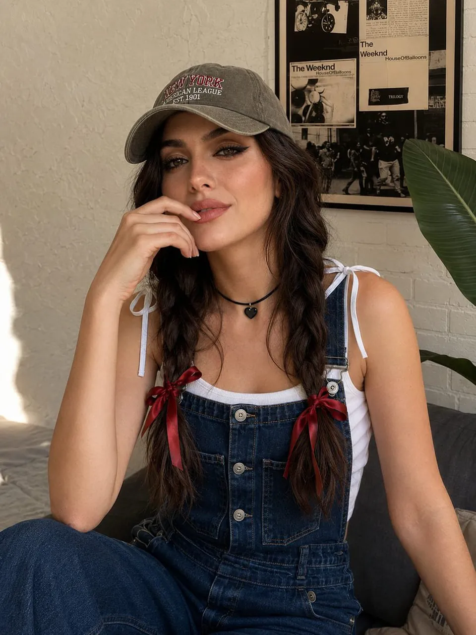 Portrait of a young woman with braids and cap in soft light