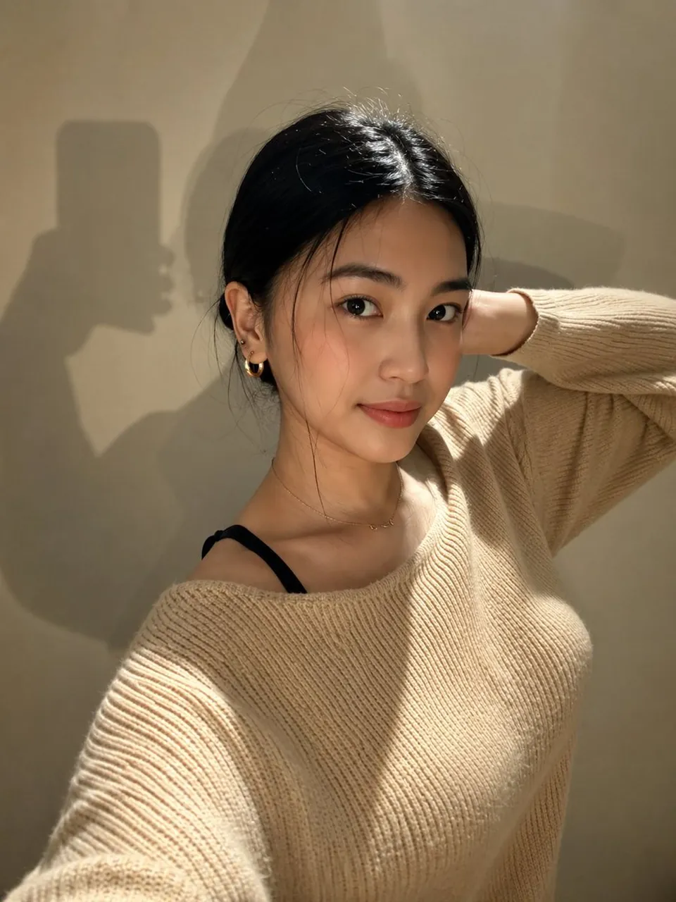 Her expression is the key: soft eye contact with the camera, calm