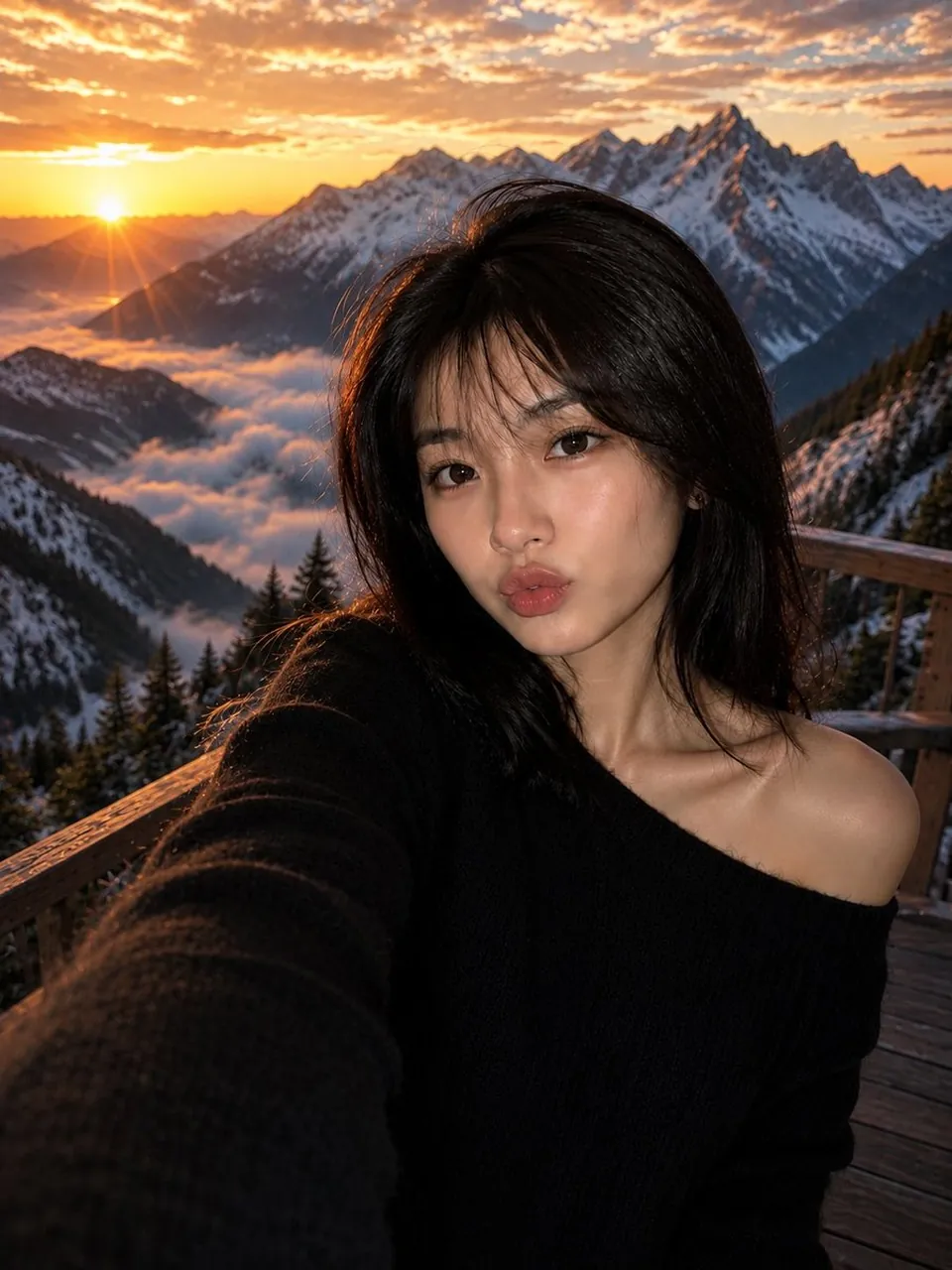 Ultra-realistic cinematic selfie portrait of a stunning young East