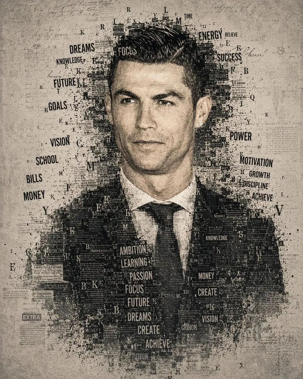 Ultra-detailed typographic portrait of a legendary football icon