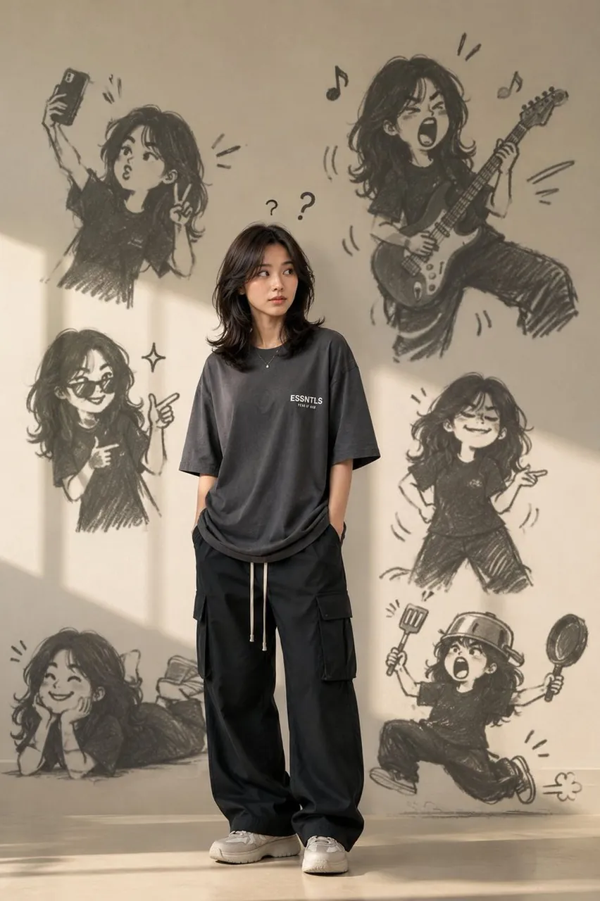 A mischievous doodle shadow mimics the character with exaggerated