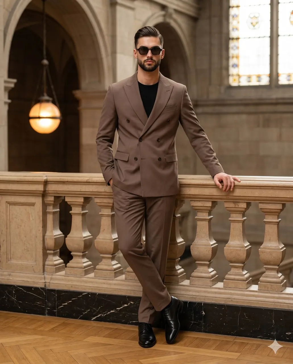 Retrato editorial con traje moca