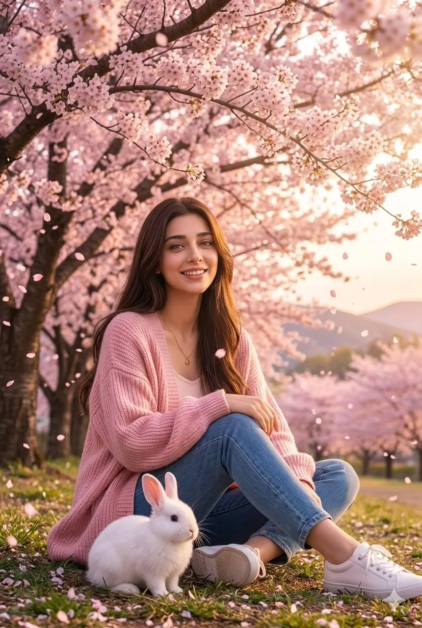 樱花园中带兔子的女子