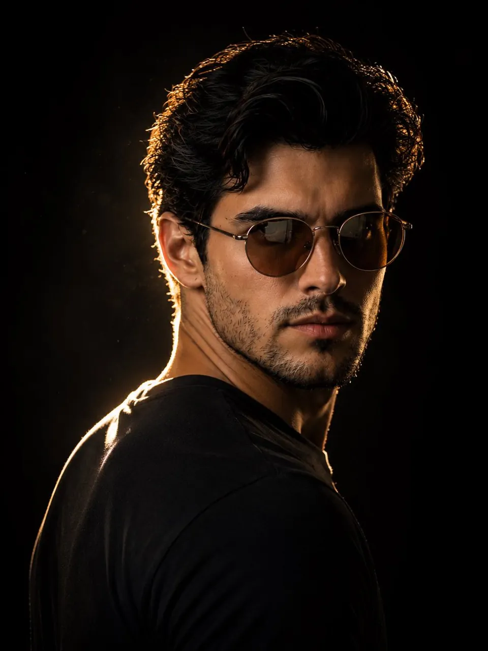 Use strong rim lighting to outline the messy, textured hair, nose