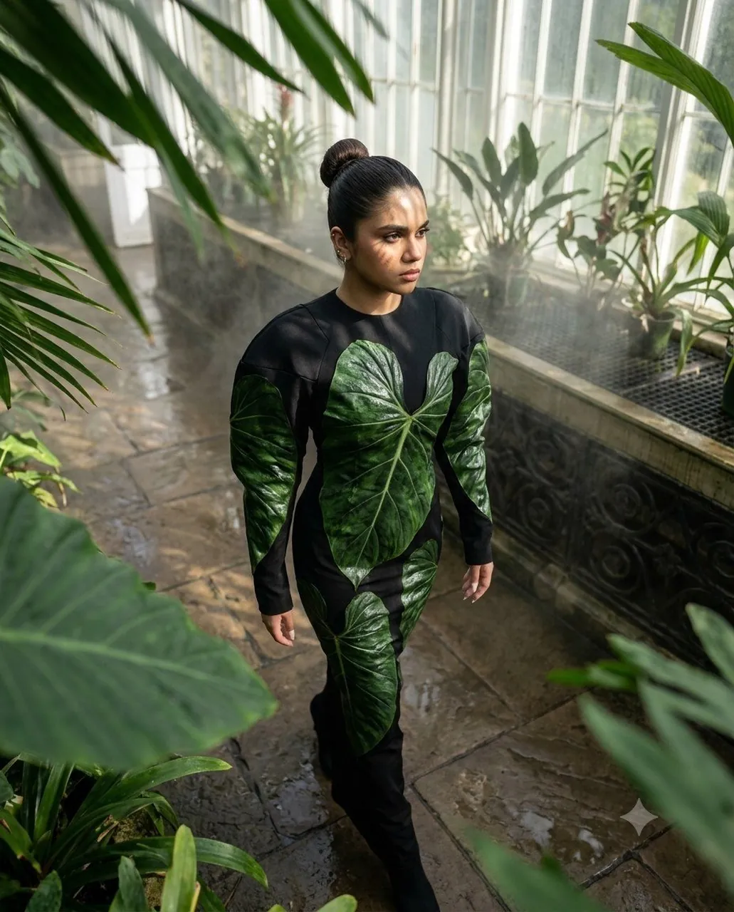 Stepping gracefully through the lush glass sanctuary.