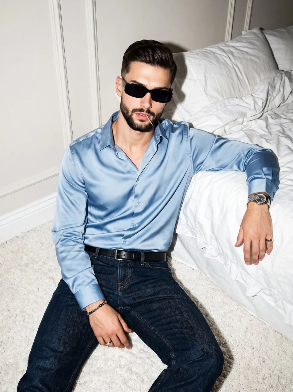 A young male model sits confidently on a white shag carpet floor