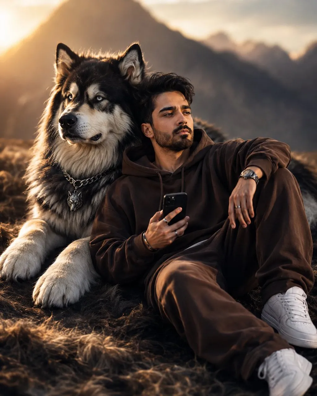 Cinematic Man and Giant Wolf Companion