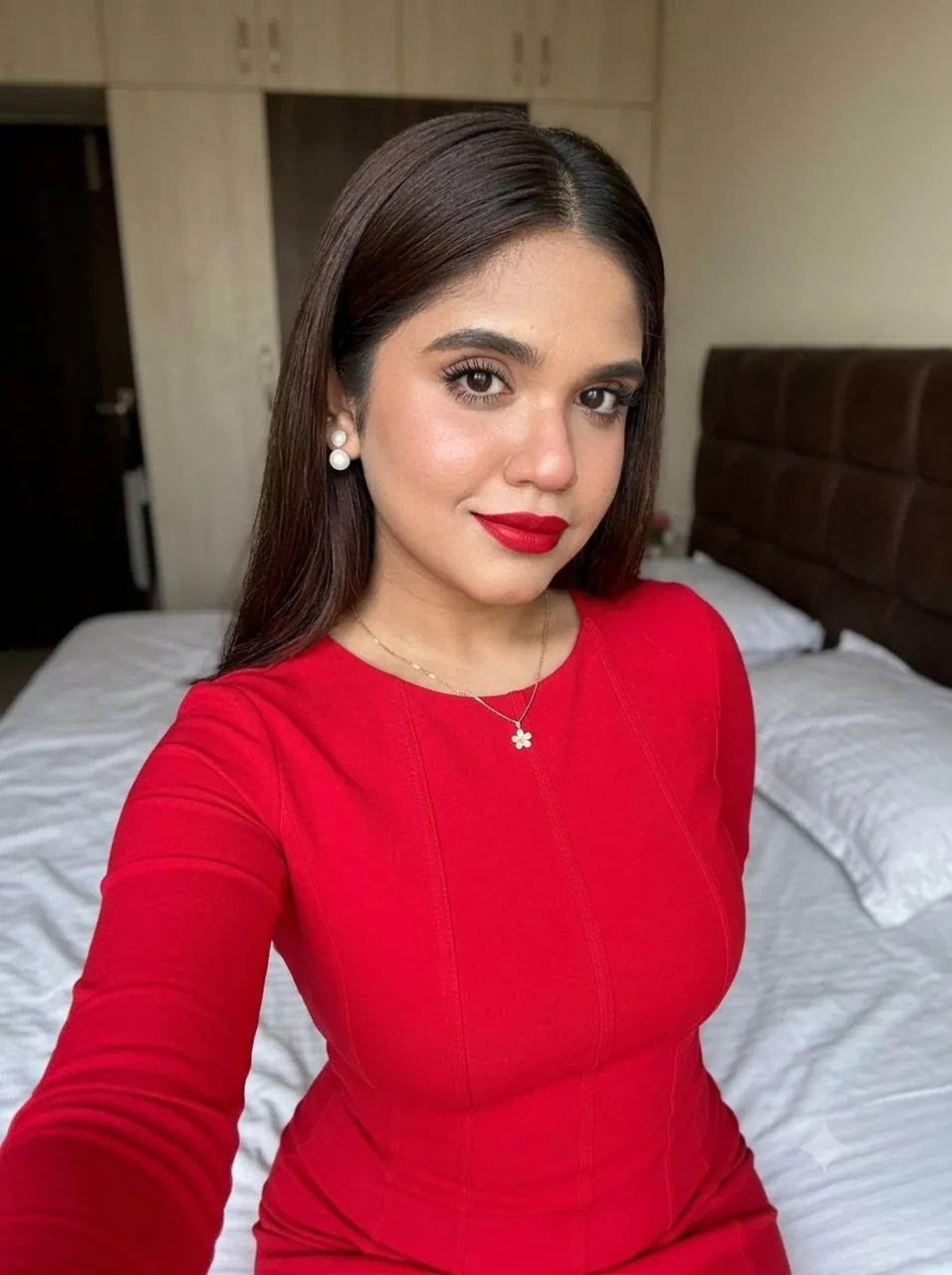 Feeling confident in this bold red dress.