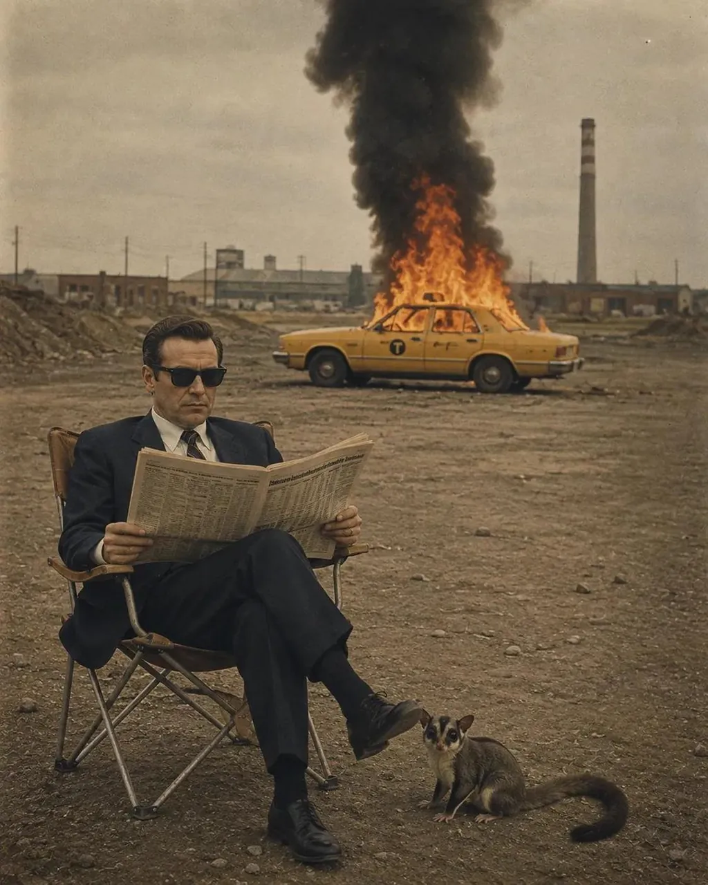 Surreal cinematic vintage photograph of a calm, impeccably dressed