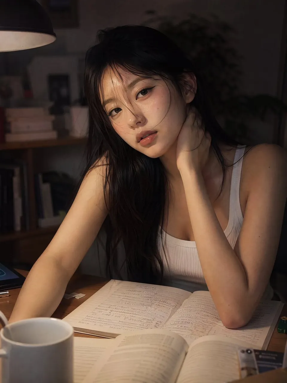 深夜の書斎での美しい若い女性の自然体ポートレート