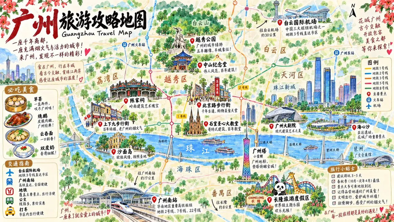 Hand-Painted Guangzhou Travel Map