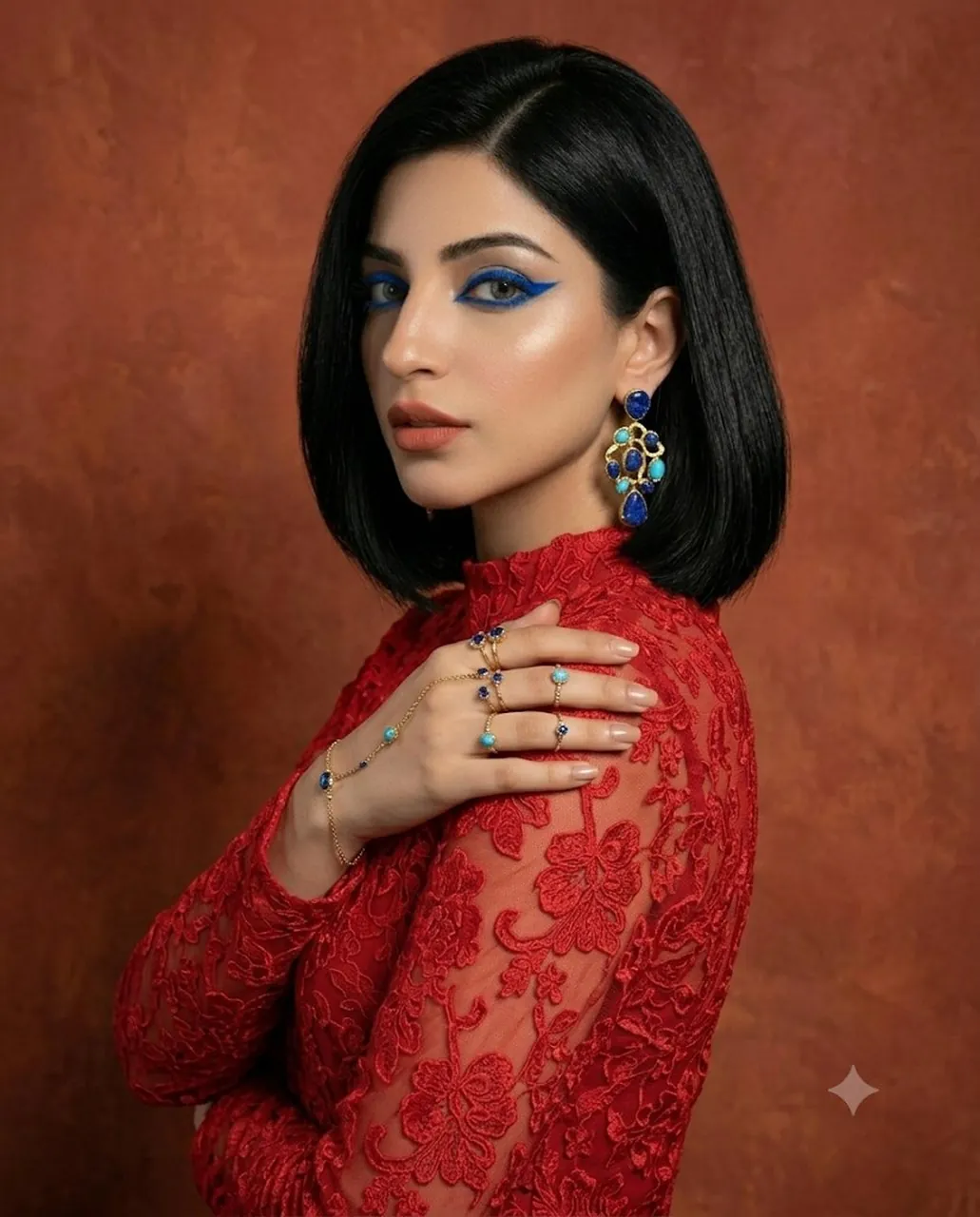 Bold red lace and striking blue eyeliner.