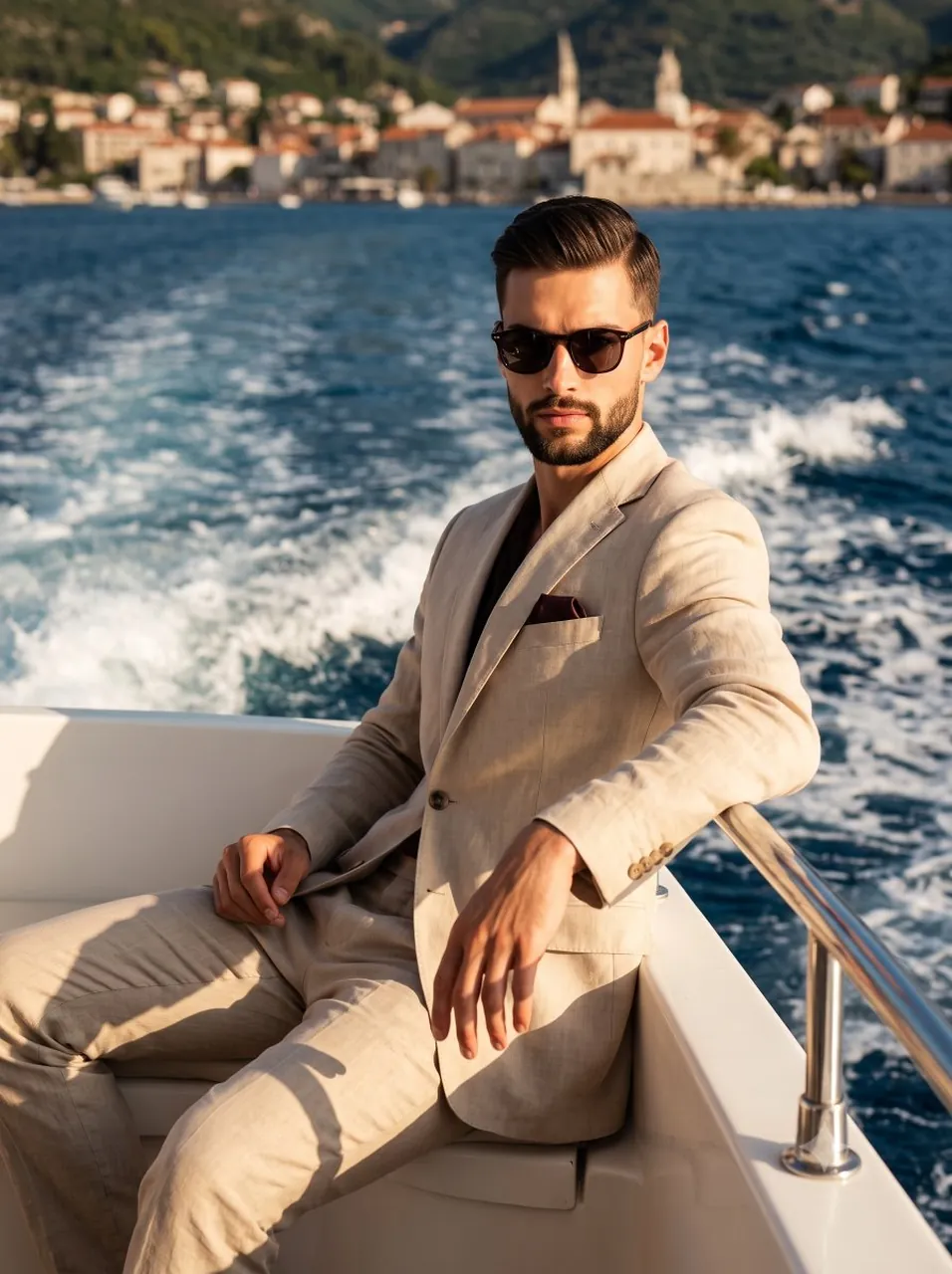 A confident man in a beige linen suit and sunglasses sits