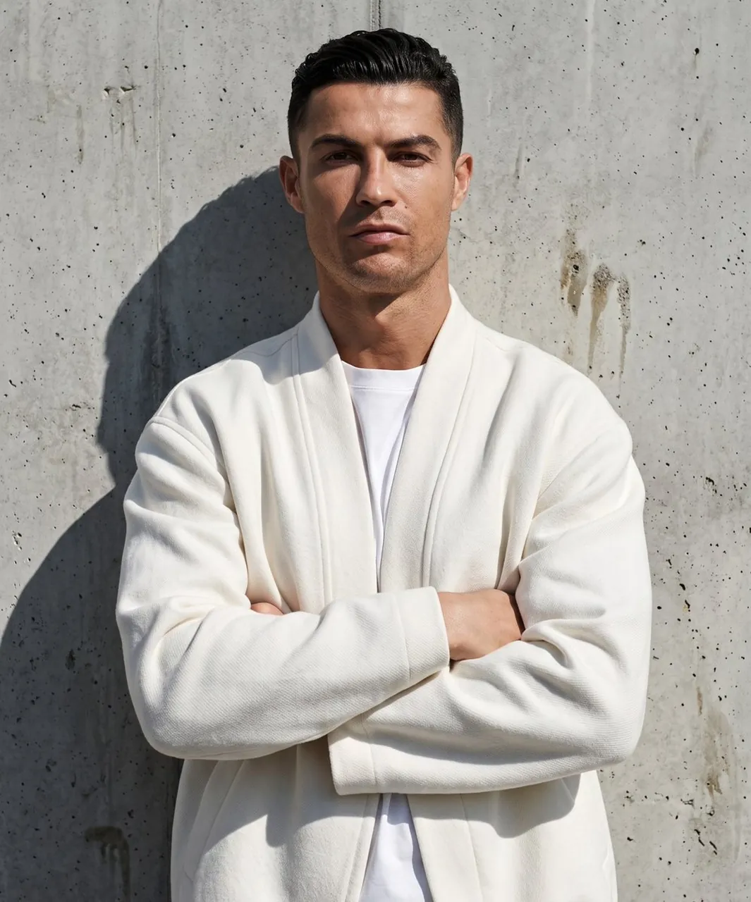 Portrait éditorial de luxe ultra-réaliste d'un footballeur élégant
