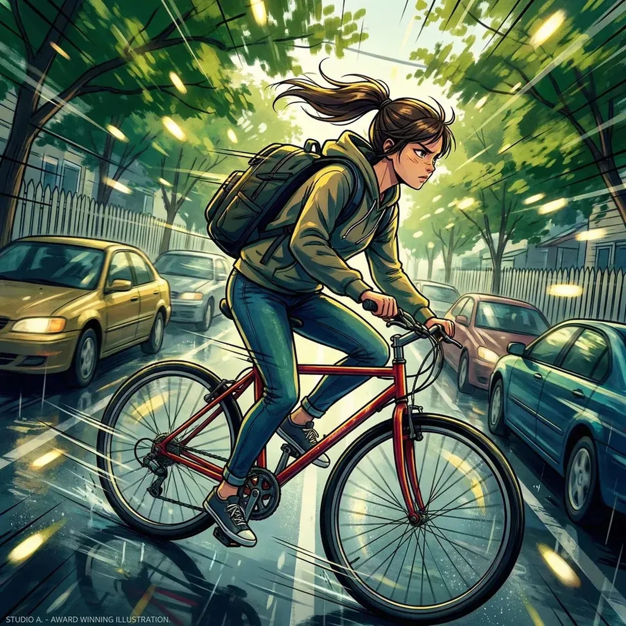 Mädchen radelt durch die Stadt Illustration