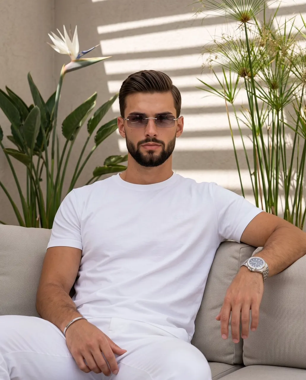 A handsome, athletic young man with a glowing tan, styled dark