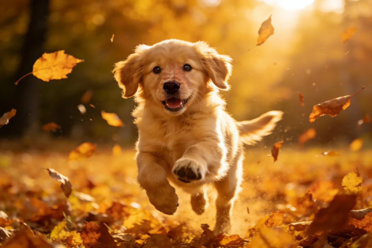 Cachorro Golden Retriever entre hojas de otoño