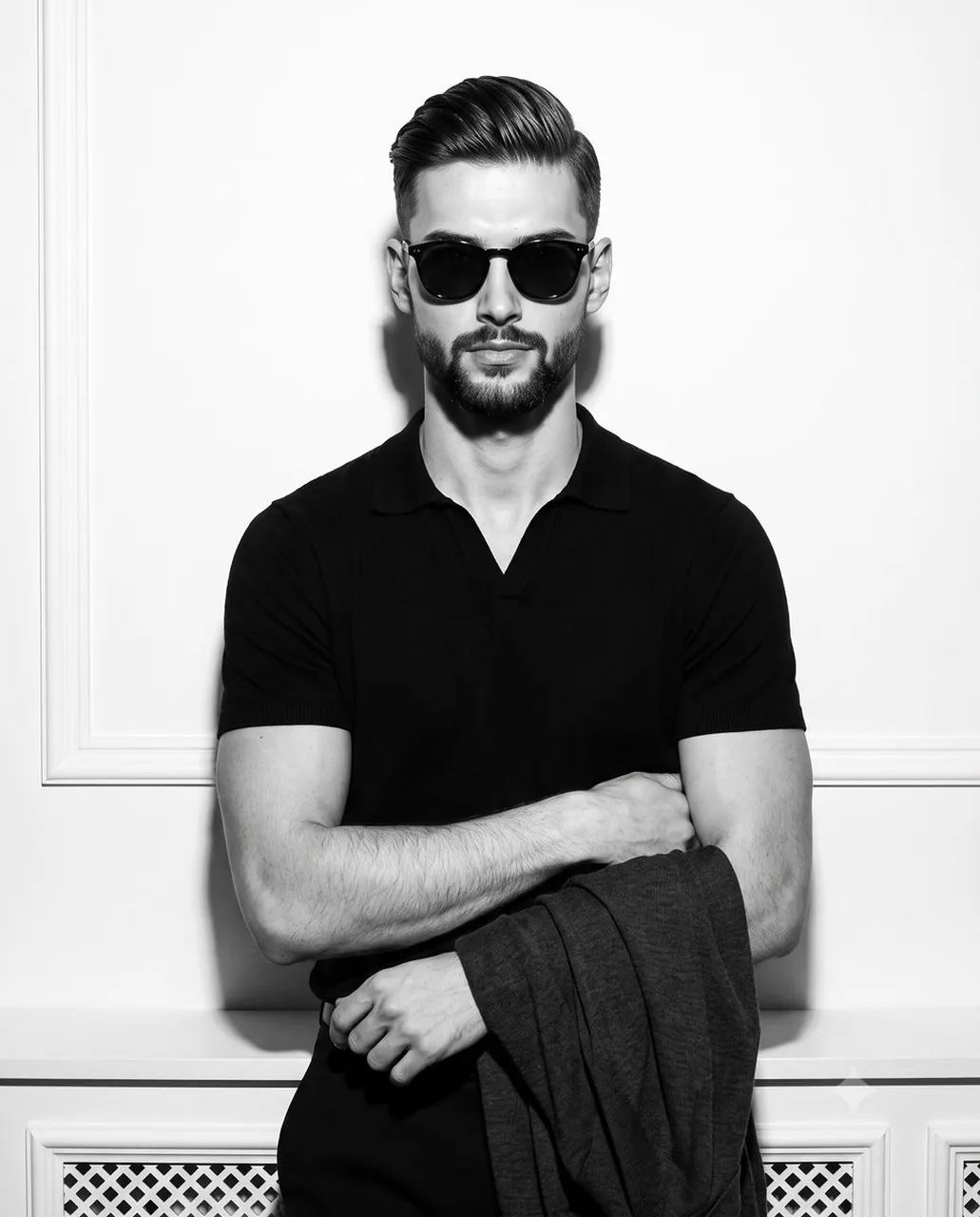 A confident young male model stands centered and facing the camera