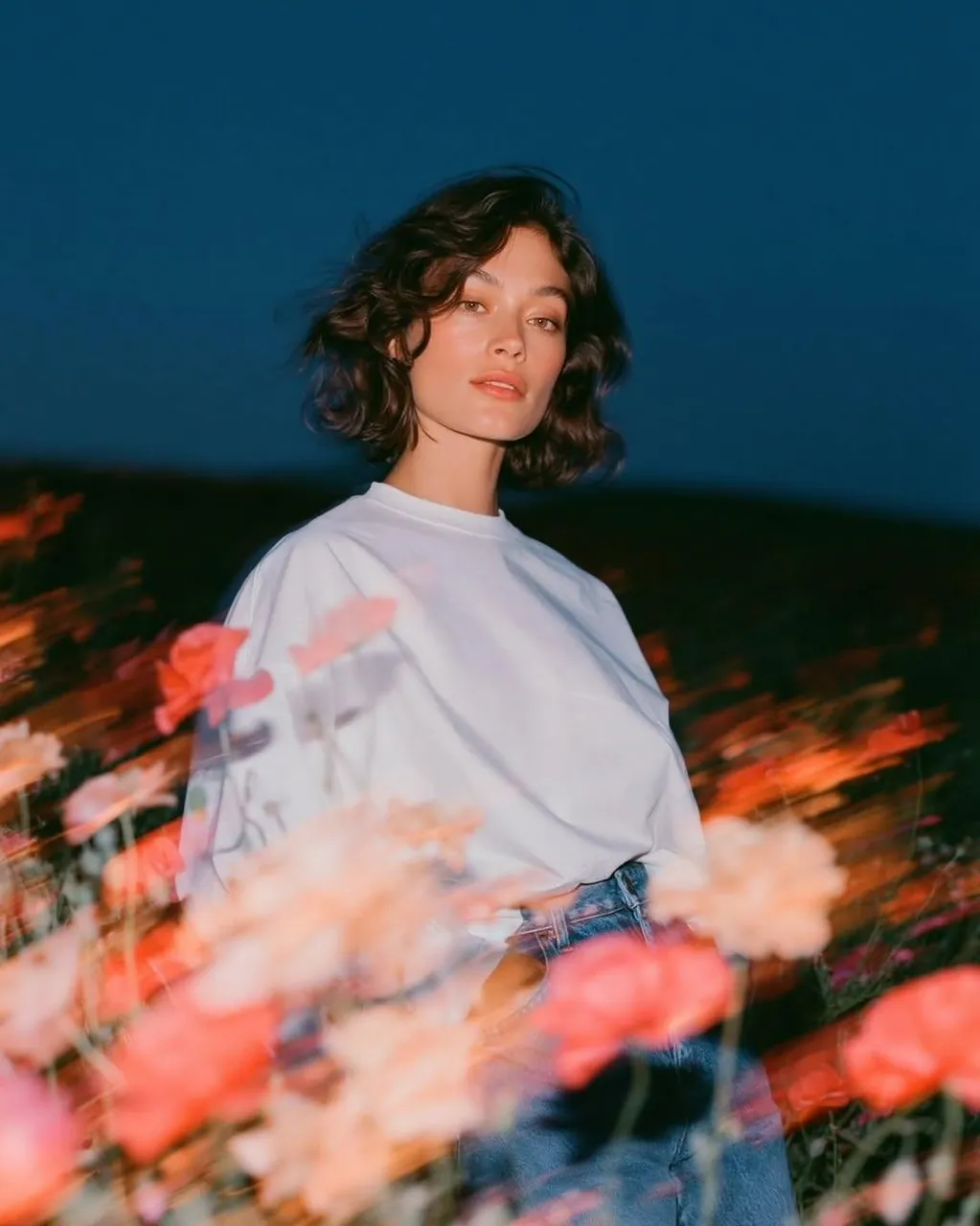 Create a cinematic fashion editorial portrait at blue hour in an