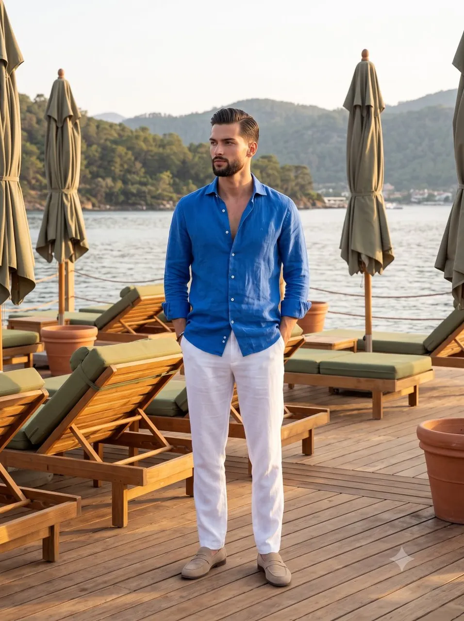 A handsome young man with a neatly trimmed dark beard and short