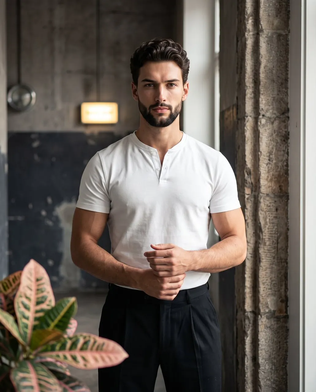 A portrait of a confident, muscular man standing perfectly
