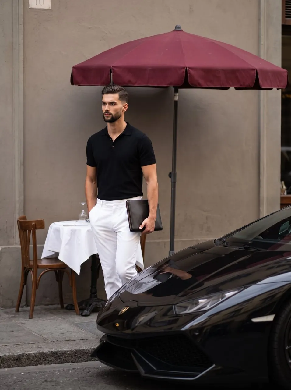 A stylish, confident man stands fully visible on the left, angled