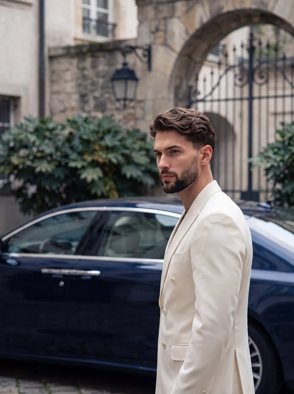 A conventionally handsome young male model stands anchored on the