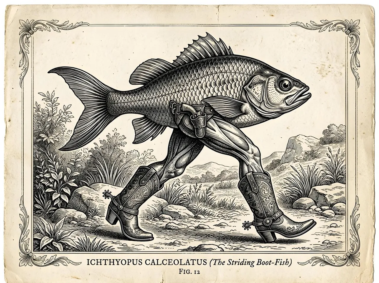 Vintage Intaglio Surreal Fish Illustration