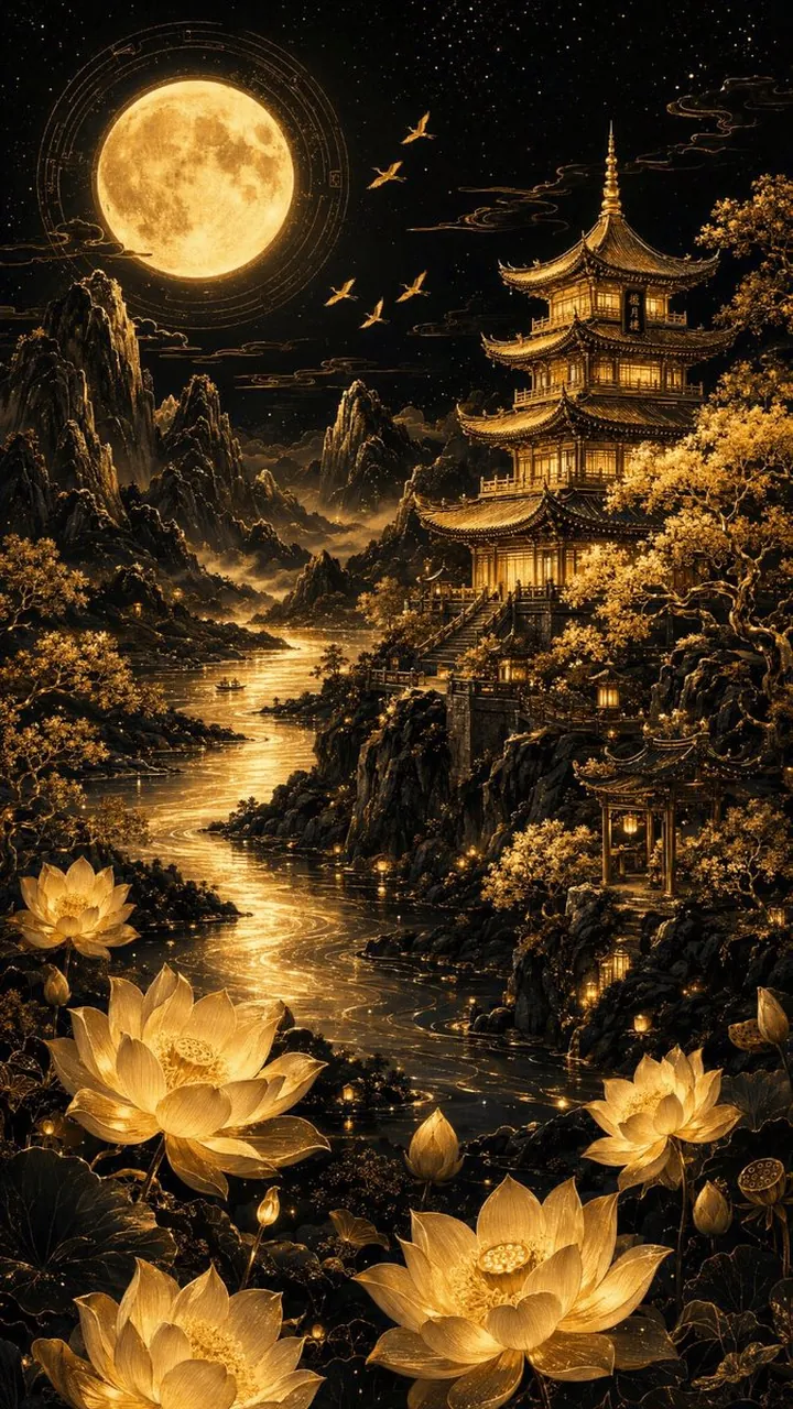 Golden Pagoda Under Moonlight
