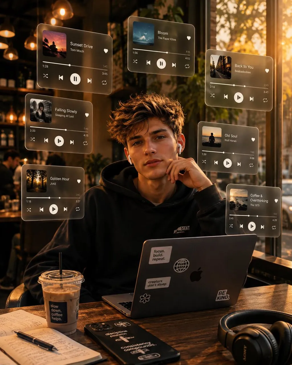 Somewhere between the music, the coffee, and my own thoughts.