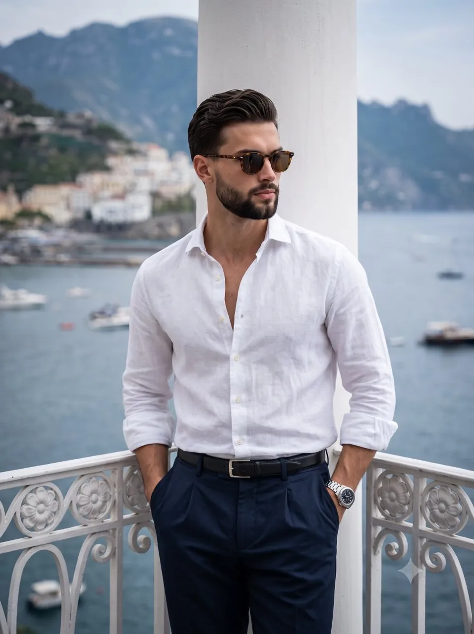 White Linen Shirt Floral Railing Portrait