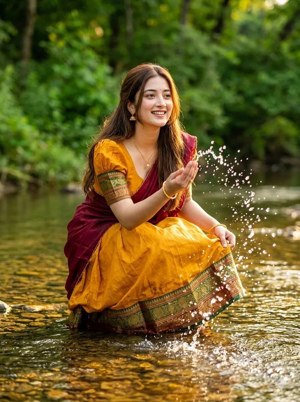Joyful Forest River Saree Portrait