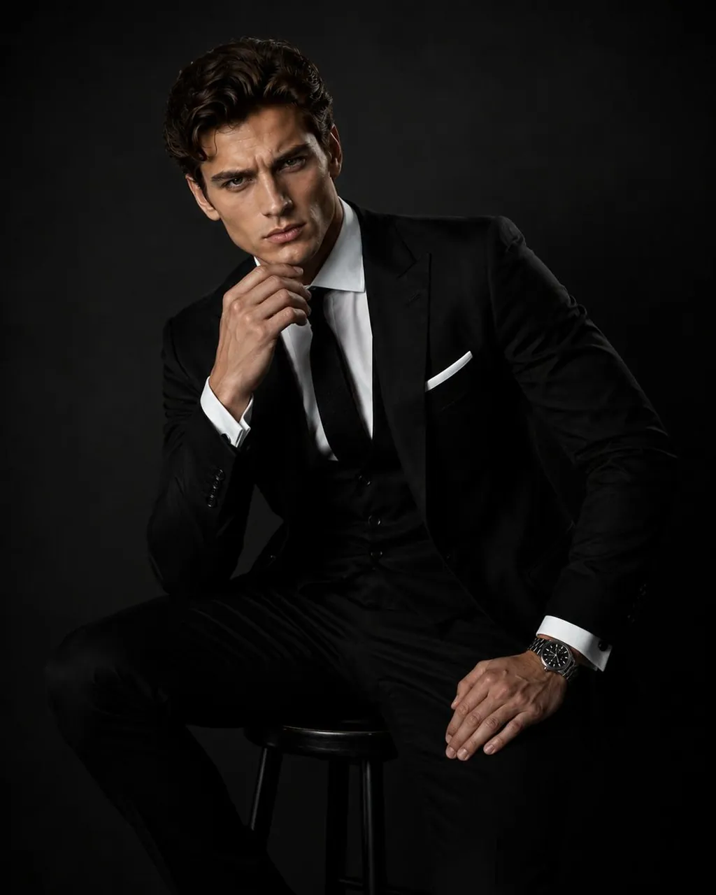 A handsome young European man in a high-end fashion studio