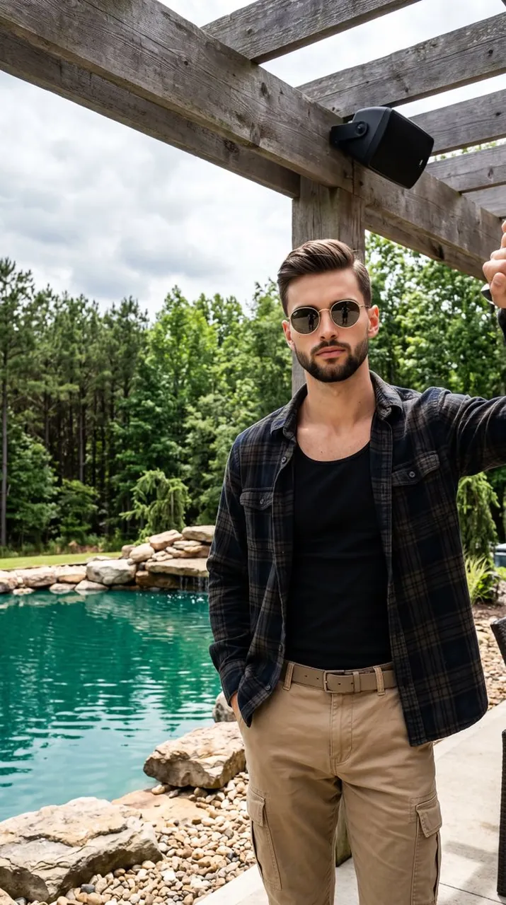 A casually confident young adult male stands in the center-right