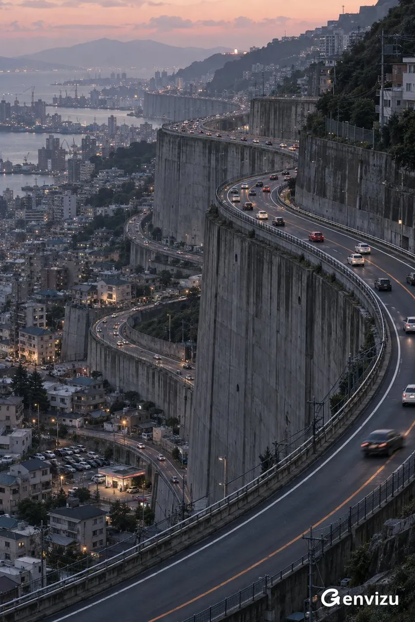 Telephoto S-Curve Elevated Highway Cityscape