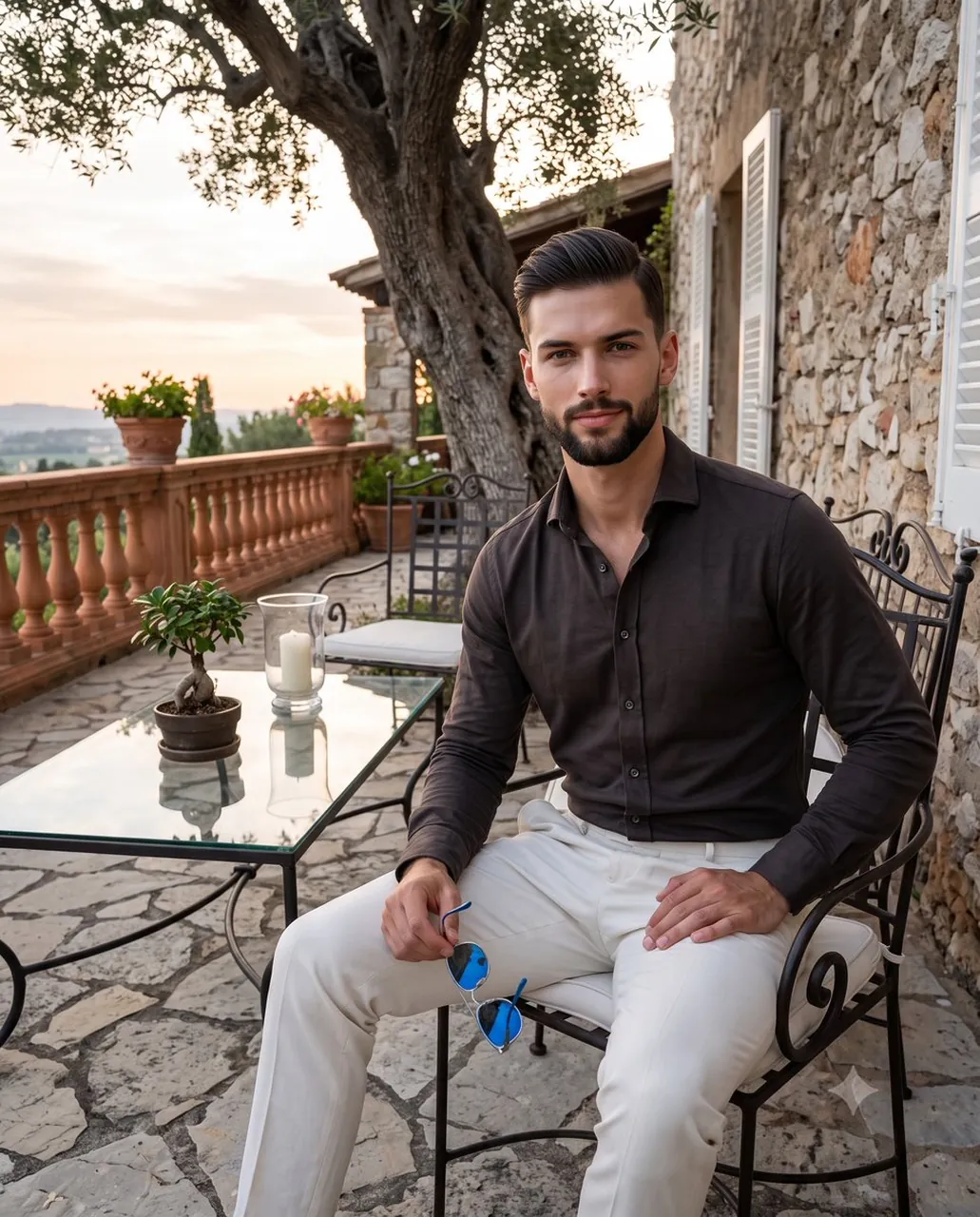 A confident young adult male sits positioned on the right side of