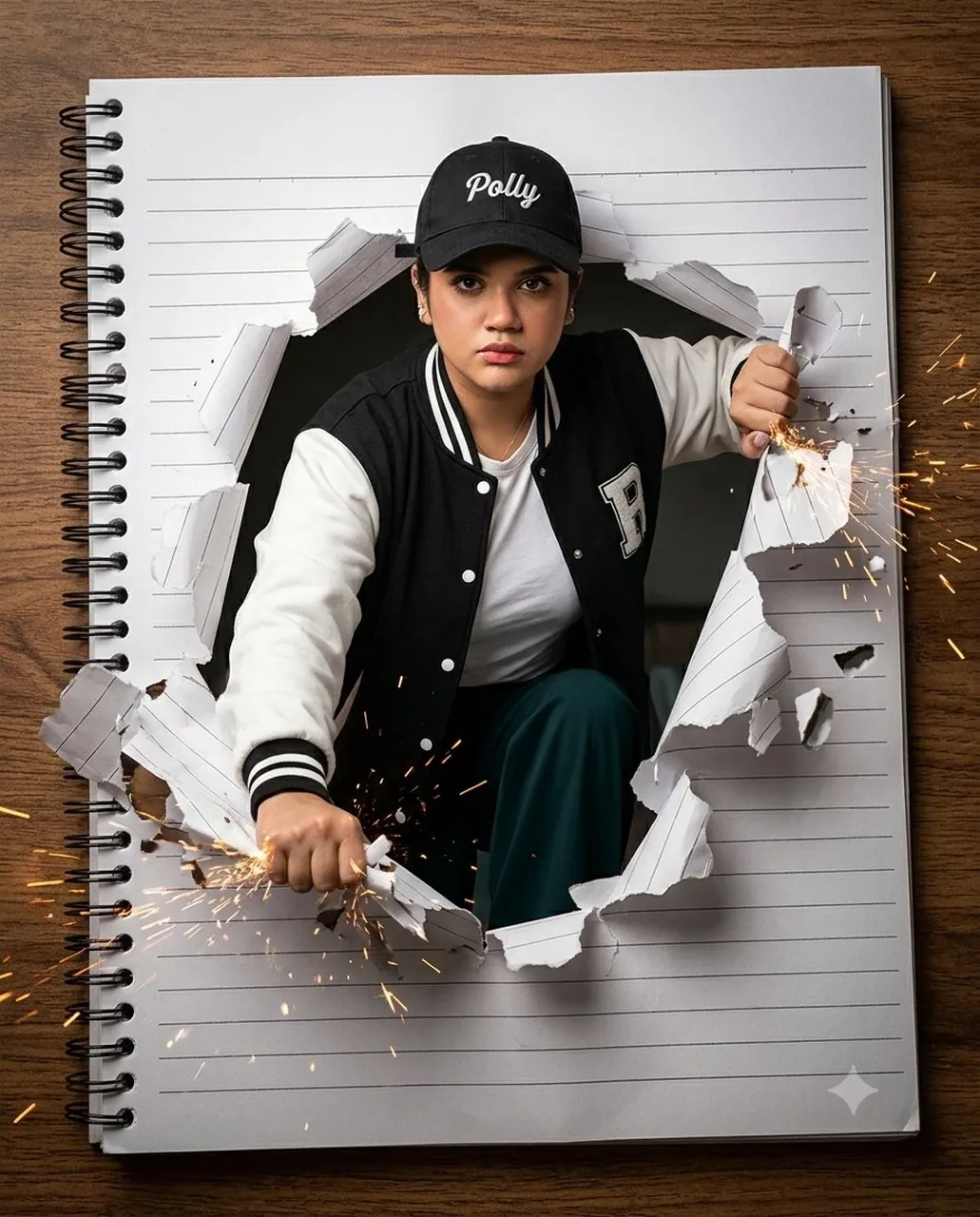Cinematic woman bursting through torn notebook page