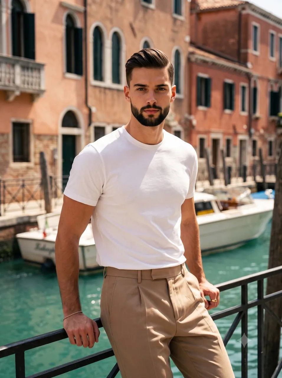A muscular young adult male stands in a medium three-quarter